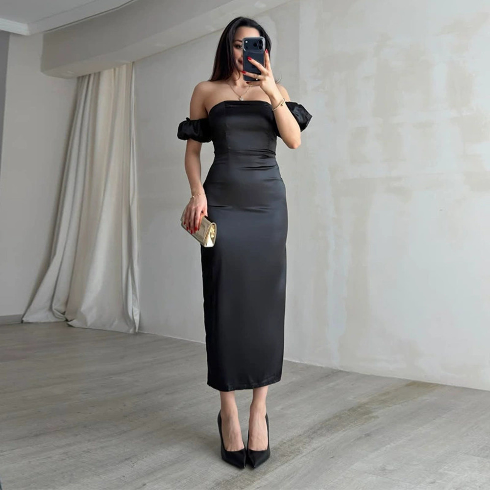 Forever 21 Summer Off-Shoulder Solid Black Bodycon Back Slit Maxi Dress